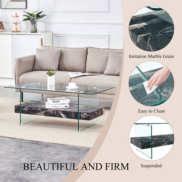 English Elm Rectangular Two Tier Glass Coffee Table with Marble Shelf for Modern Living Rooms W2920P226071
