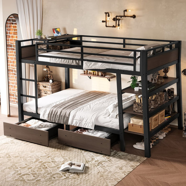 English Elm Full Size Metal Loft Bed with Stair Storage Shelves Bookshelf for Dorms Bedroom W1580S00347