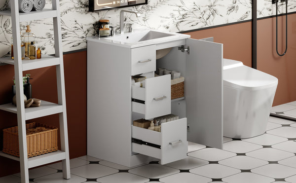 English Elm 24" Modern Bathroom Vanity with Under-Mount Sink, Vertical Stripe Design, 2 Drawers & Soft-Close Cabinet White N710P288936K