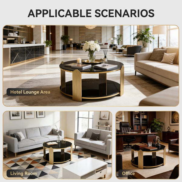 English Elm 35inch Round Coffee Table Dual Tier Tempered Glass Gold Steel Frame Living Room W3357P395503