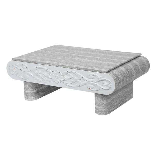 English Elm Rounded Edge Coffee Table Solid Wood Engraved Drawer Modern Living Room Storage Beige+Grey W3040P428762