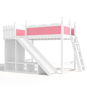 English Elm Twin Loft Bed Solid Pine Frame with Wardrobe Shelving Detachable Slide Kids Room Pink+White W5305S00016