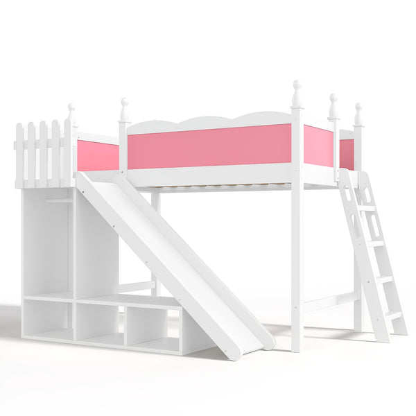 English Elm Twin Loft Bed Solid Pine Frame with Wardrobe Shelving Detachable Slide Kids Room Pink+White W5305S00016