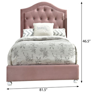 English Elm Pink Tufted Panel Bed Arched Headboard with Crystal Buttons, 13-Slat Low-Profile Frame, White Legs B062S00472