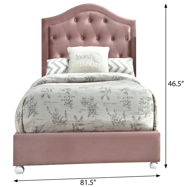 English Elm Pink Tufted Panel Bed Arched Headboard with Crystal Buttons, 13-Slat Low-Profile Frame, White Legs B062S00472