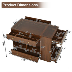 English Elm Closet Elegant walk-in island with glass display top, 6 drawers and open shelves for organized storage Walnut 39.76 L x 17.32 W x 12.2 H N733S304513D