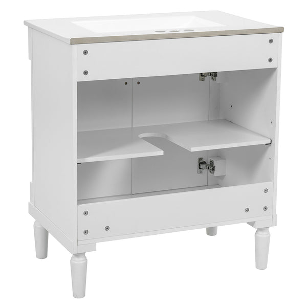 English Elm 30" French Style Bathroom Vanity with Ceramic Basin Soft Close Doors Wood Legs White N710P415327K