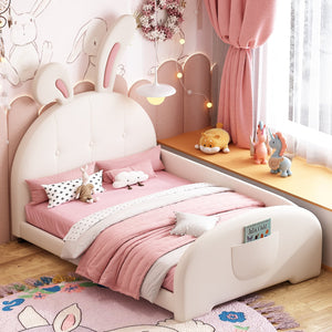English Elm Twin Rabbit-Shape Upholstered Princess Bed with Headboard & Footboard, Sturdy Slat Platform, Durable MDF Frame White 42.91 L x 34.65 W x 6.5 H N733P198764K