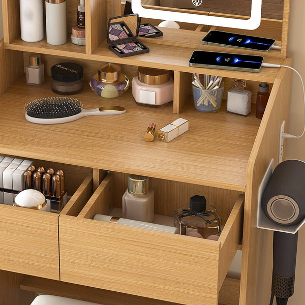 English Elm Vanity compact dressing desk with LED mirror, 3-color dimmable lights, drawers, stool, outlet Wood W2699P345799