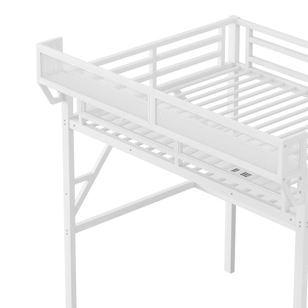 English Elm Full Loft Bed with Desk and Charging Station, Metal Loft with Stairs, Wardrobe, Shelves & Light White W2580S00046