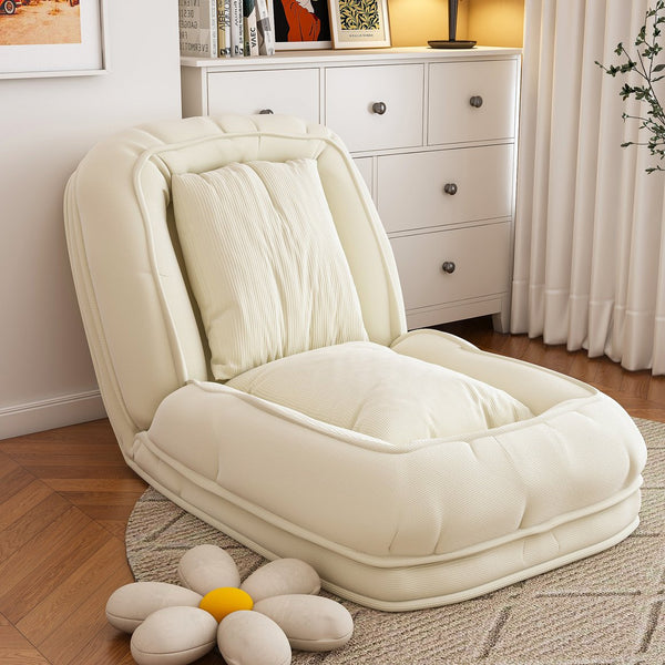 English Elm Upholstered Foldable Lazy Sofa Bed with 5 Recline Positions, Corduroy Tatami Chair with Pillows—Comfortable Space-Saving Lounge for Living Room and Bedroom Off White W2699P324227