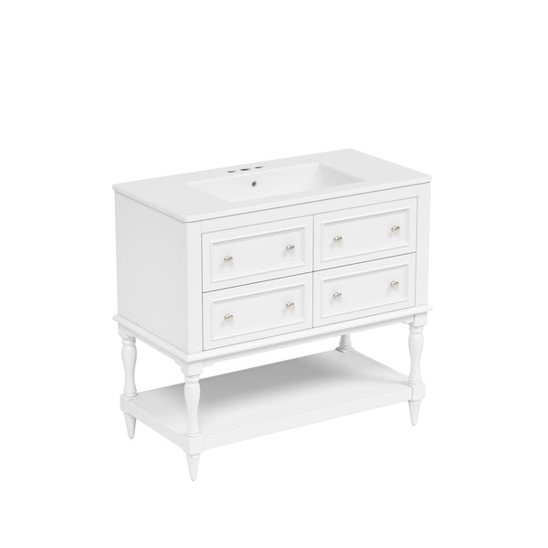 English Elm 36" Bathroom Vanity with Sink Combo, 36" Ceramic Undermount Basin, Solid Wood Frame, 4 Drawers, Waterproof Painted Finish White N710P250654K