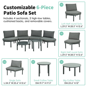 English Elm TOPMAX 6-Piece Modular Patio Sofa Set with 2 High-Low Coffee Tables, PE Wicker, Tempered Glass, Cushioned Comfort and Versatile Outdoor Configuration Gray SP100028AAE