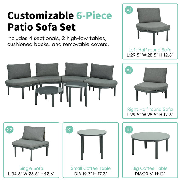English Elm TOPMAX 6-Piece Modular Patio Sofa Set with 2 High-Low Coffee Tables, PE Wicker, Tempered Glass, Cushioned Comfort and Versatile Outdoor Configuration Gray SP100028AAE