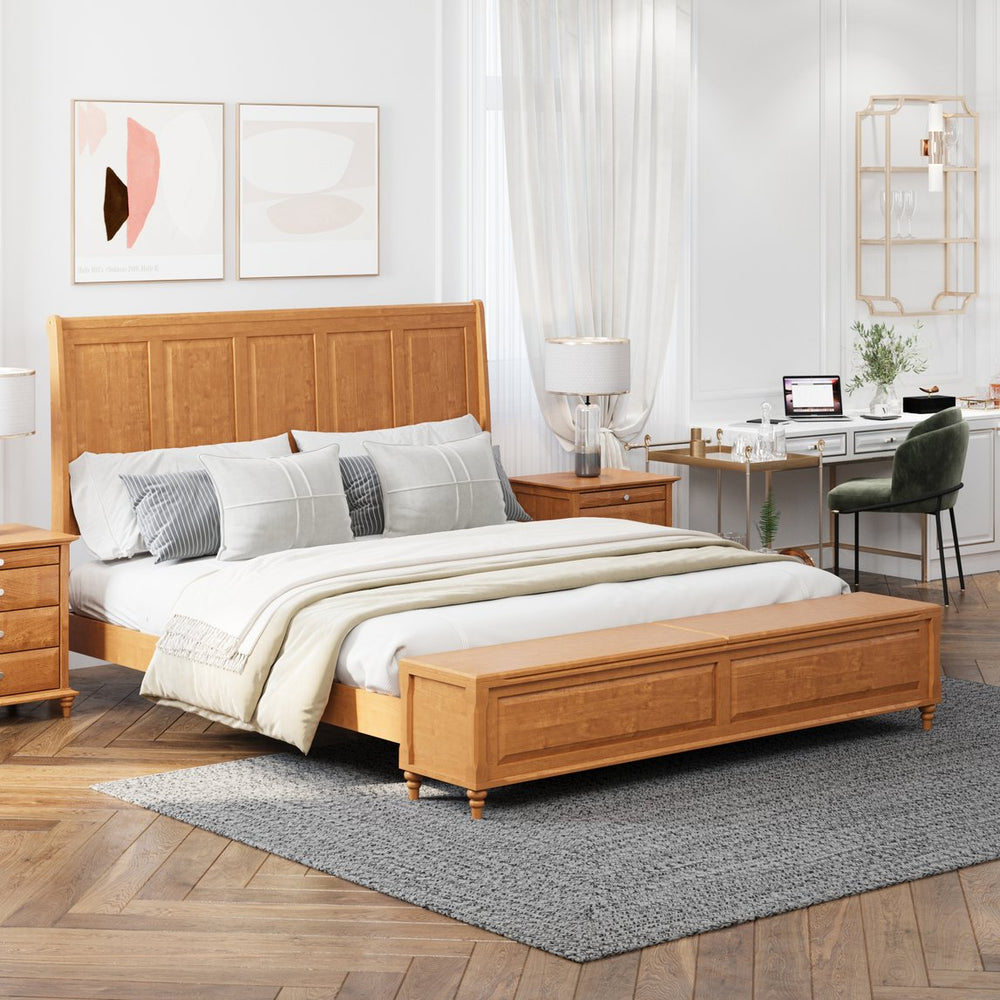 English Elm Queen Sleigh Bed Solid Rubberwood Walnut Finish Curved Headboard Footboard Storage Bench Natural W1716S00037