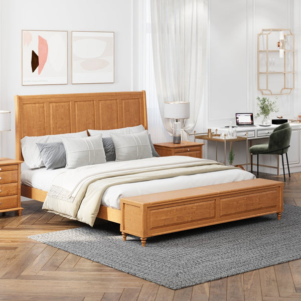 English Elm Queen Sleigh Bed Solid Rubberwood Walnut Finish Curved Headboard Footboard Storage Bench Natural W1716S00037