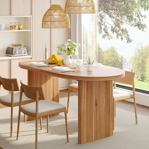 English Elm 55.11"-70.86" Extendable Dining Table with Sculpted Striped Legs Seats Six in Modern Style Natural Walnut W757P411752