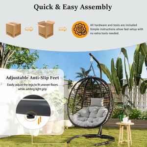 English Elm U_style Wicker Hanging Egg Chair with Stand Hdpe Cocoon Swing for Balcony Garden Black+ Gray N711P389503E