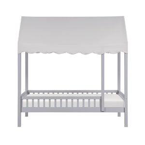 English Elm Gray Finish Canopy Platform Bed Scalloped Fabric Cover Solid Wood Twin Frame Gray B011P463890