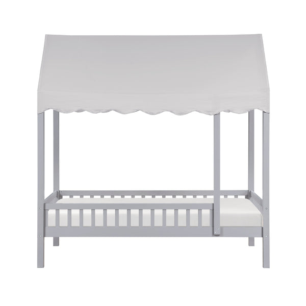 English Elm Gray Finish Canopy Platform Bed Scalloped Fabric Cover Solid Wood Twin Frame Gray B011P463890