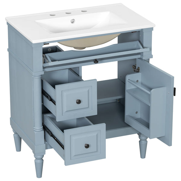 English Elm 30" Freestanding Bathroom Vanity Rubberwood Frame Ceramic Sink Flip Drawer Storage Blue+Grey N725P356062E