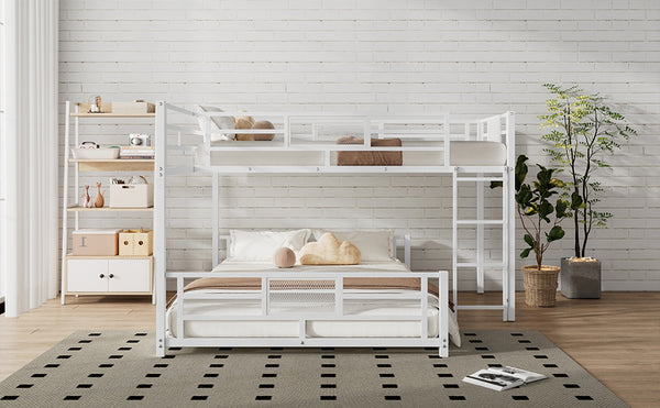 English Elm L-shaped Metal Twin over Full Bunk Bed with Durable Steel Frame, Space-Saving Design and Kid-Friendly Safety Features White N709P196510K