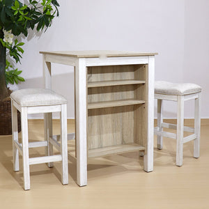English Elm 3 Piece Counter Height Dining Set with Shelving Cushioned Stools Modern Farmhouse Kitchen Ameican White Oak,Ancient White W2537P369837