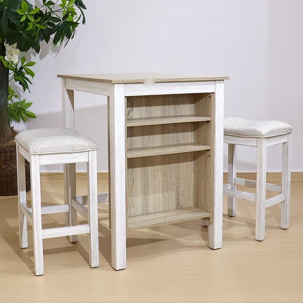 English Elm 3 Piece Counter Height Dining Set with Shelving Cushioned Stools Modern Farmhouse Kitchen Ameican White Oak,Ancient White W2537P369837