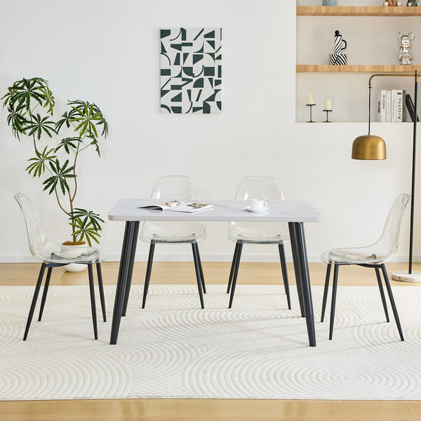 English Elm Table and Chair Set Marble Glass Top Dining with Clear Acrylic Seats Modern 5 Piece W1151S04632