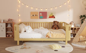 English Elm Queen Low Profile Pine Wood Kids Platform Bed with Guardrails and Rounded Safety Posts Natural W2593P409123