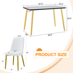 English Elm Table and Chair Set Marble Glass Top Gold Legs Pu Leather Seats Modern Dining Black,White+Gold W1151S04651