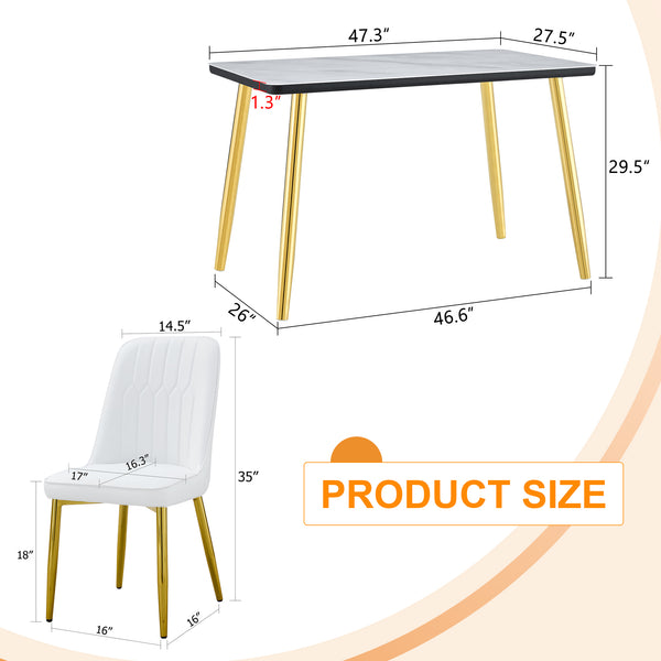 English Elm Table and Chair Set Marble Glass Top Gold Legs Pu Leather Seats Modern Dining Black,White+Gold W1151S04651