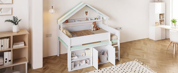 English Elm Full Size Pine Loft Bed with House Canopy Roof Built-in Shelves Kids Bedroom N7090005012F