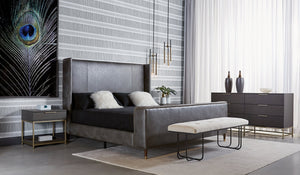 Sunpan Maverick Bench - Stylish Tufted Seat with Antique Brass Legs for Elegant Living Room Seating Belfast Heather Grey