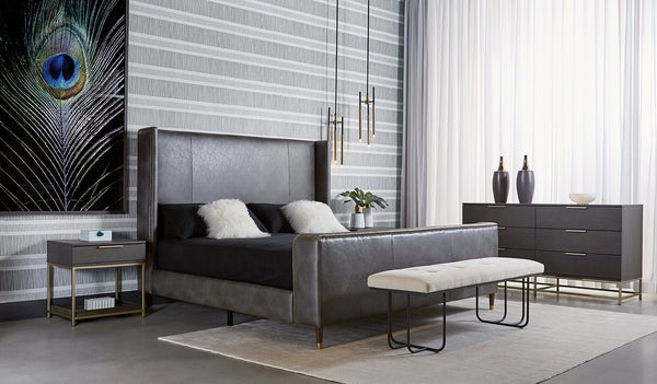 Sunpan Maverick Bench - Stylish Tufted Seat with Antique Brass Legs for Elegant Living Room Seating Belfast Heather Grey