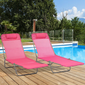 English Elm Outsunny 2 Piece Pink Folding Chaise Lounge Chairs With 6-Position Recline For Poolside Relaxation W2225P174376-GIGA