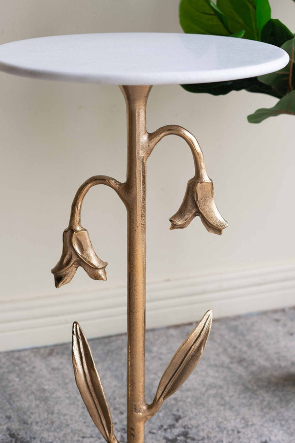 English Elm 14x14x24" Gold Tulip Aluminum Side Table with Veined White Marble Top for Elegant Rooms W2078P461590