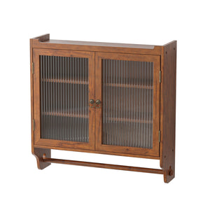 English Elm 24.8"Glass Vintage Double Door Wall Cabinet Brown with 3-Tier Solid Wood Shelves, Glass Panels & Towel Rack W757P170144