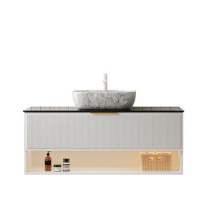 English Elm MALONE 48" Bathroom Vanity with Marble Ceramic Basin, Black Sintered Stone Top, LED Sensor Light, Soft-Close Storage W2615S00295