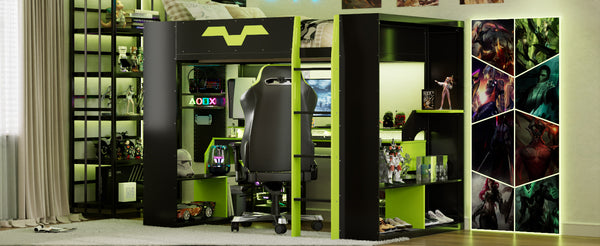 English Elm Full Size Gaming Loft Bed with Rgb Lighting Built-in Desk and Usb Charging Ports Green LT000275AAF