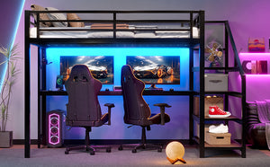 English Elm Full Loft Bed With Integrated Desk, Storage Stairs, Led Lights & Usb Ports For Modern Spaces W1580S00478
