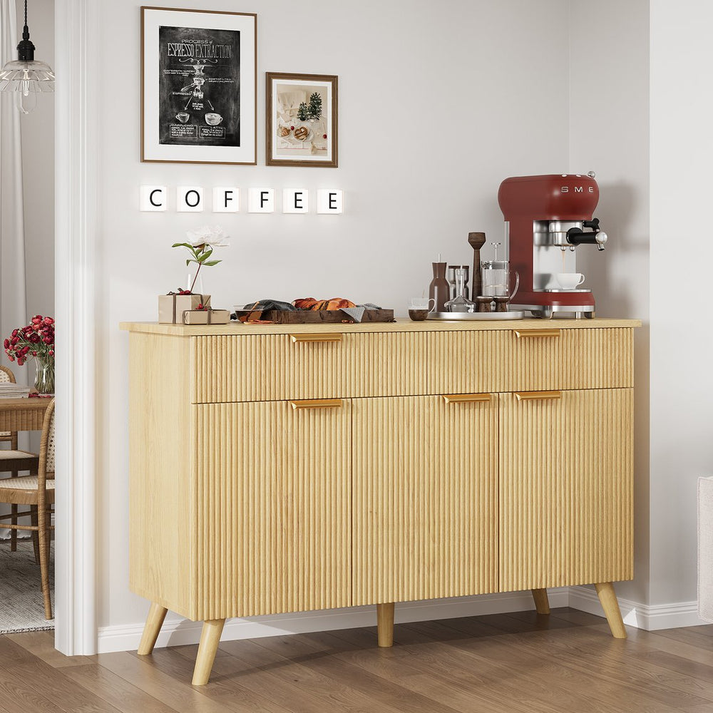 English Elm Sideboard Fluted Credenza with Three Drawers Two Doors Matte Black Modern Storage T3773P417337