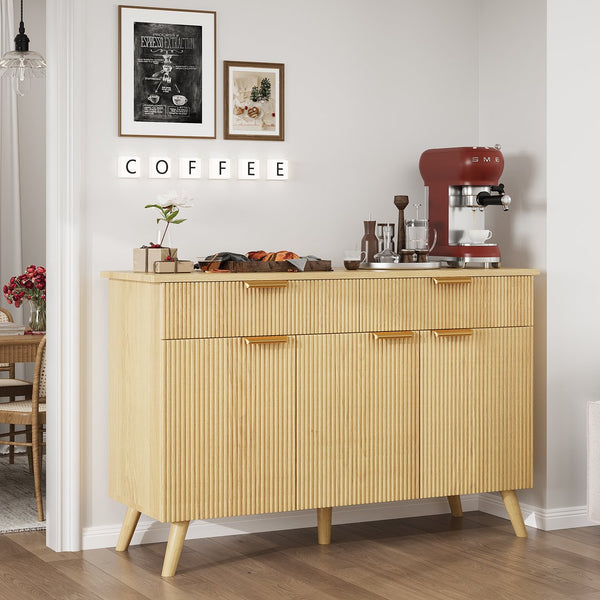 English Elm Sideboard Fluted Credenza with Three Drawers Two Doors Matte Black Modern Storage T3773P417337