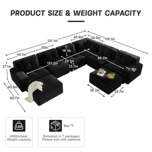 English Elm Modular Corduroy Sectional Sofa 6 Seat V Shaped Corner Couch with Ottomans Living Room Black W714S01587