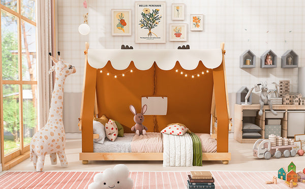 English Elm Twin Cabin Bed with Detachable Tent Skylight and Woodland Deer Antler Accents Brown N708P356716D