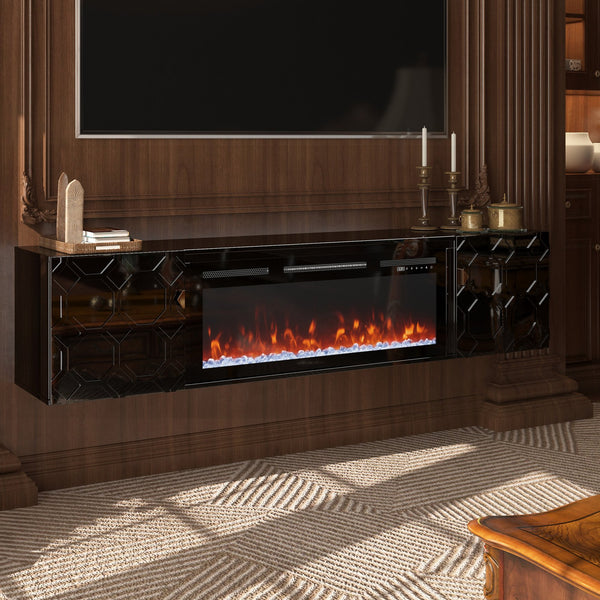 English Elm 67 in. Black Media TV Stand with High Gloss Honeycomb Doors, Gold Handles, Modern Storage Elegance T3609P347458