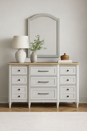 English Elm Small Teen Dresser with Cement & Sand Finish — Solid Wood Seven-Drawer Storage, Mindi Veneer Elegance White 61 L x 23.25 W x 35 H B2699P386483