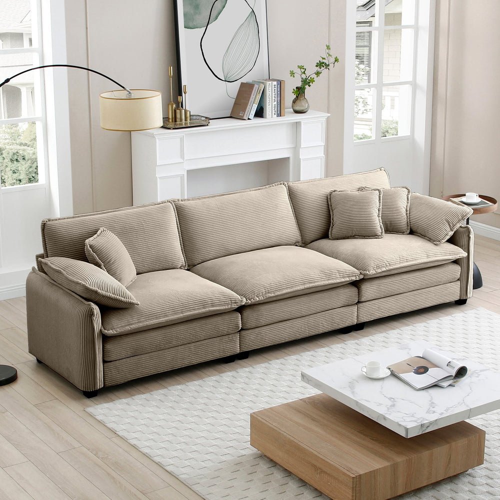 English Elm Mid-Century Modern 3-Seater Sectional Sofa In Luxurious Tan Corduroy With Pillows For Ultimate Comfort W714S00715