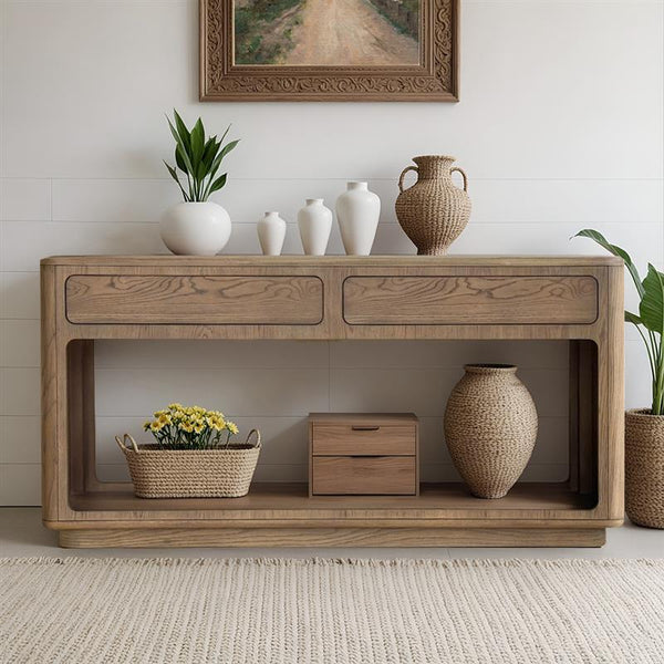 JLA Home Chapel Hill - Console Chapel Hill Emil Driftwood Oak Console Table with 2 Drawers, Open Shelf, Sealed Top, Modern Appeal CH125-0082