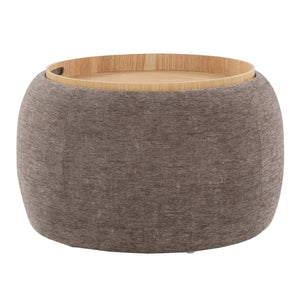 English Elm Tray Pouf Ottoman: Versatile Brown Fabric & Natural Wood Storage, Ideal For Modern Living Spaces B202P223753-GIGA
